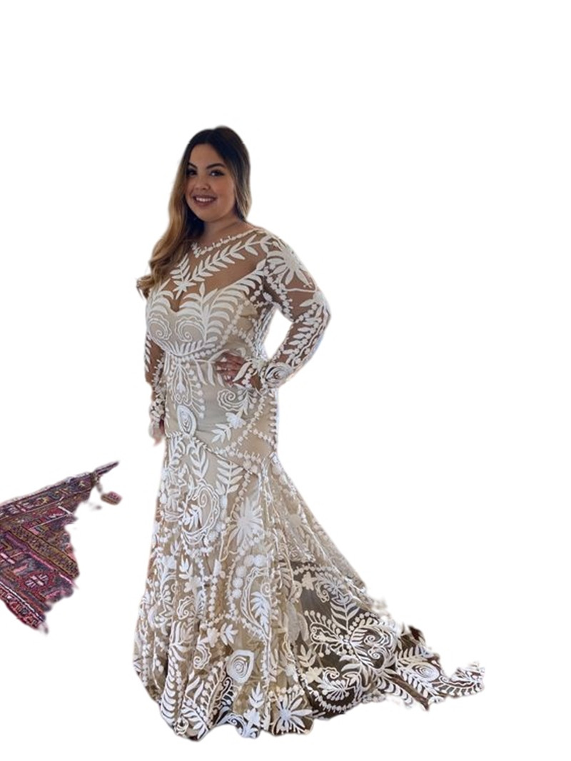 Champagne Plus Size Mermaid Wedding Dresses Rue de Seine Illusion Long Sleeve Backless Crochet Lace Bohemian Country Bridal Gowns