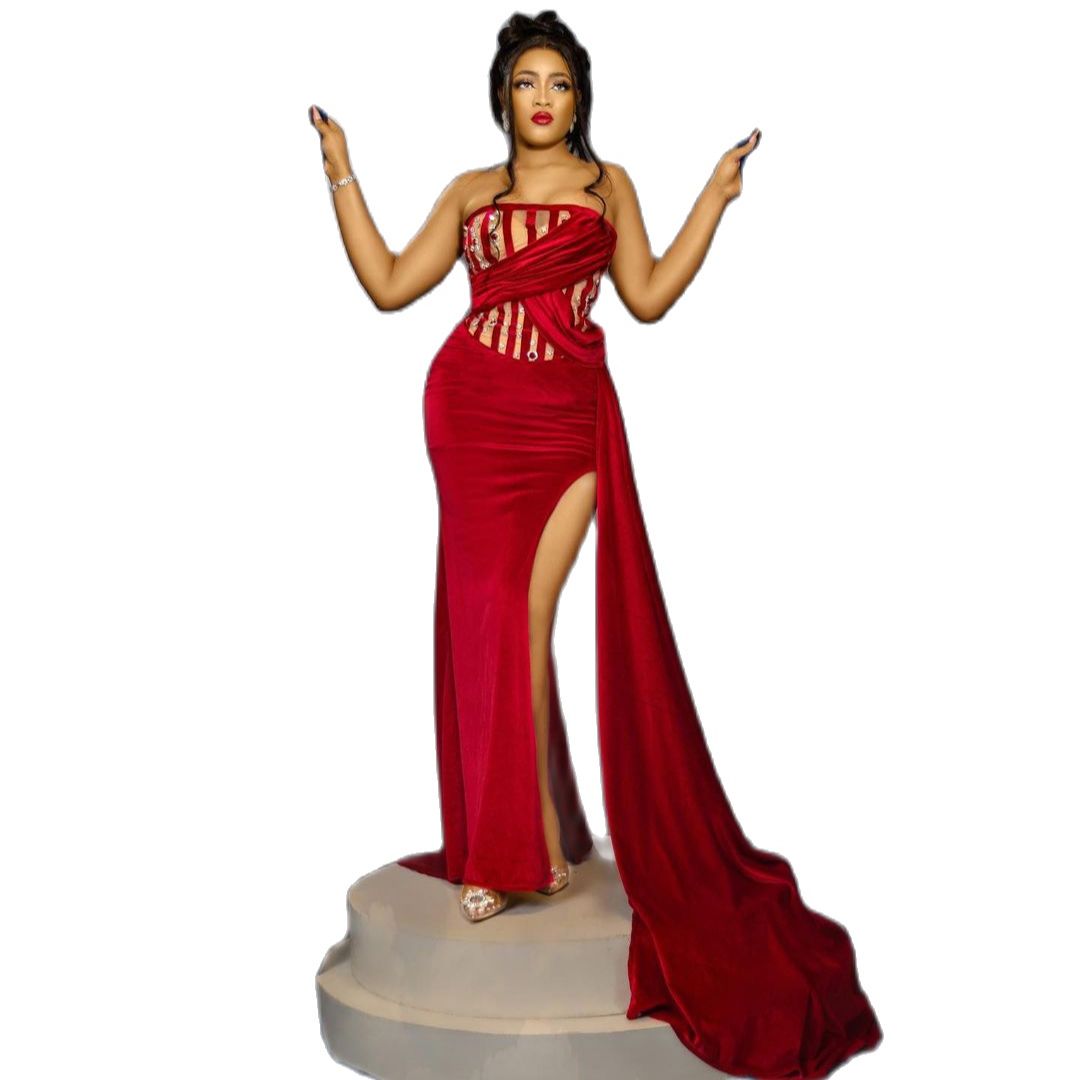 Sexy Strapless Evening Dresses Sleeveless High Side Split Mermaid Prom Dress Custom Made Beads Crystal Formal Party Gown
