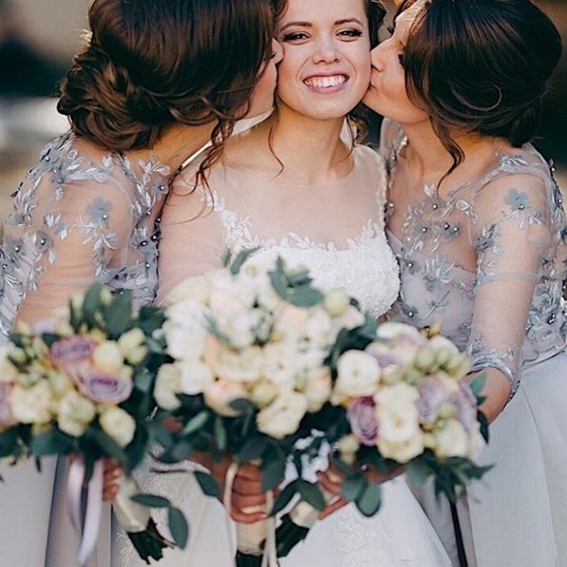 2023 Satin A Line Bridesmaid Dresses Sheer Neck Half Sleeves Sweep Train Bridesmaids Gowns With Lace Applique Formal
