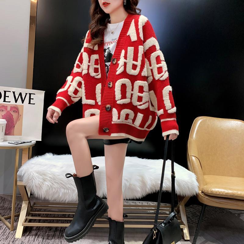 Womens Knits Tees Letter Embroidery Sweater Women Cardigans High Street Contrast Flocking Oversized Sweater Loose Knitted Cardigan Women Sweaters 2209