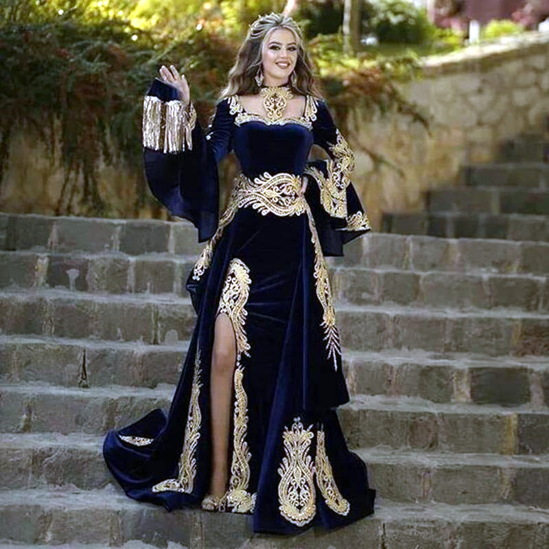 Elegant Navy Blue Morocco Kaftan Formal Evening Dresses with Detachable Skirt Two Pieces Flare Long Sleeve Mermaid Velvet Prom Gowns Split Arabic Turk