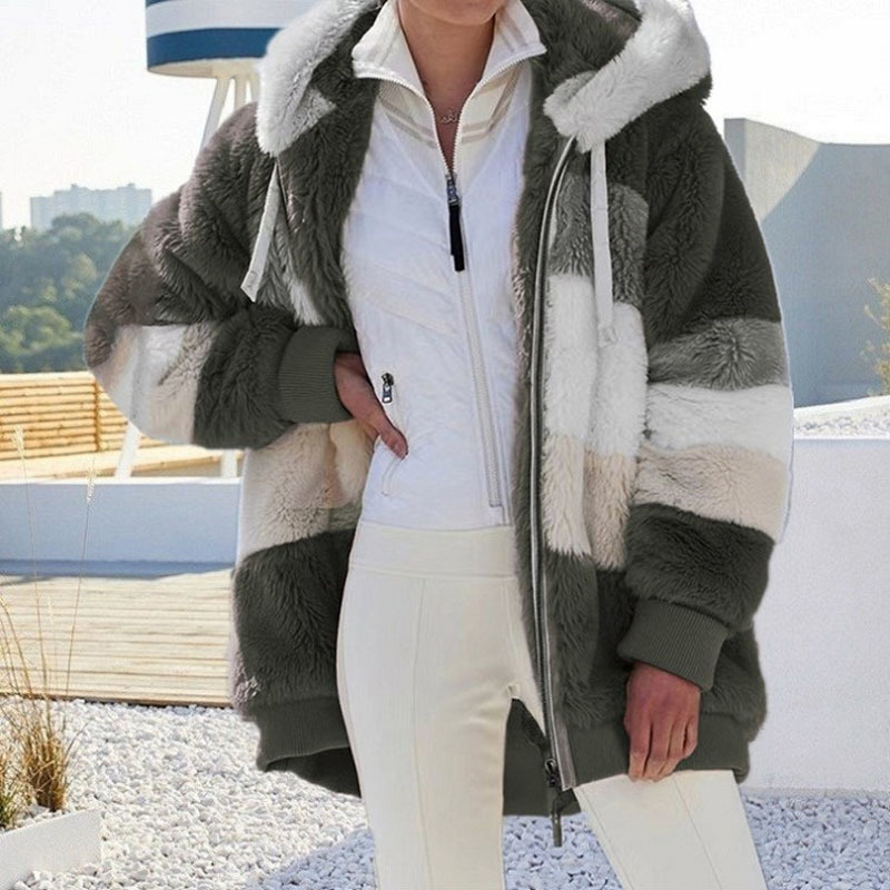 Women's Fur Faux Autumn Winter Warm Plush Patchwork Zipper Pocket Hooded Loose Coat Women 220927