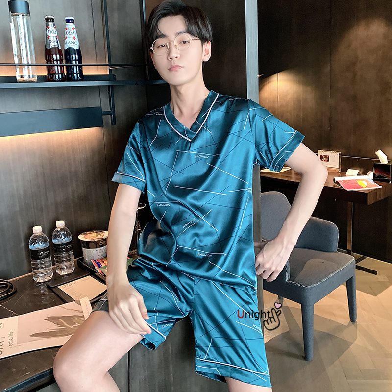 Men's Sleepwear Men Pajama Shorts Summer Satin Viscose Pullover Trousers for men Set 3XL Nightwear Casual Sleepwear For Men Silk Pyjama 220924