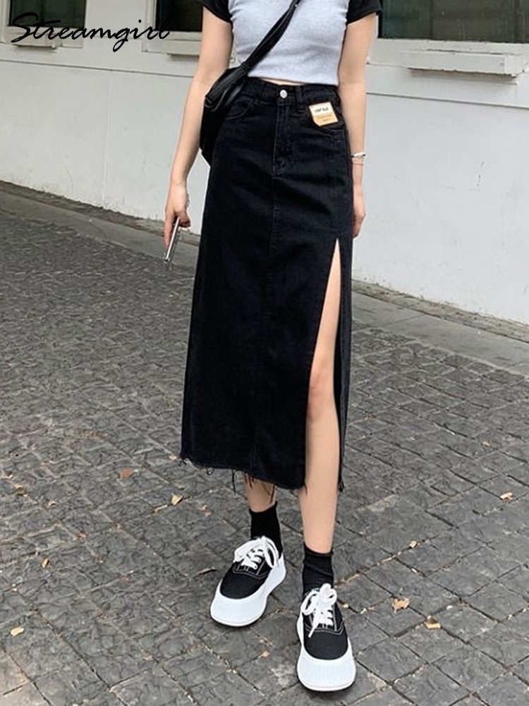 Skirts Streamgirl Maxi Jeans Skirt Women Denim Long Skirts Summer Vintage Maxi Skirt Side Split Denim Skirt Women Long Korean 220924