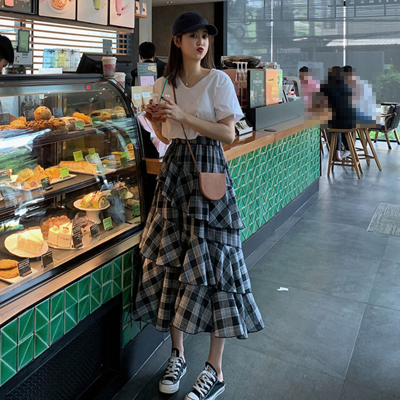 Skirts Lucyever Summer Vintage Plaid Skirt Women Elegant Chic Asymmetrical Patchwork Ruffles Long Skirt High Waist Aline Skirts 220924