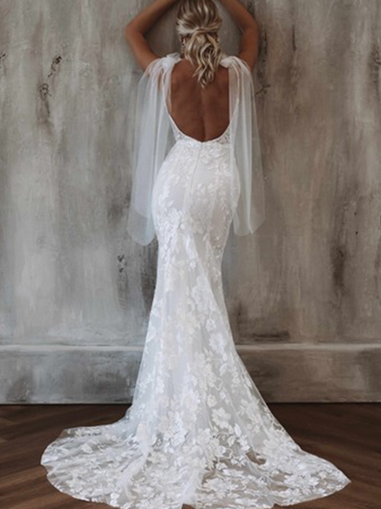 Elegant Mermaid Lace Wedding Dress 2022 Sexy Straps Boho Country Bridal Gowns Floor Length Chic Robe De Mariee Deep V Neck Bohemian Vestido De Novia F
