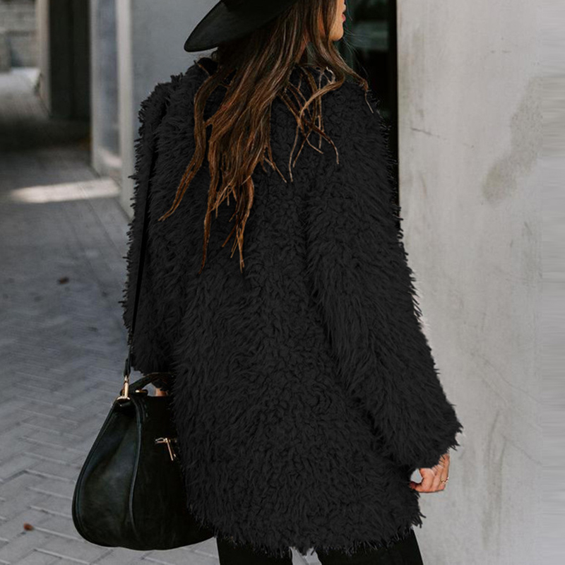 Women's Fur Faux Elegant Woolen Fleece Outerwear Autumn Fashion Solid Color Long Sleeve Cardigan Office Lady Winter Thick Loose Coats 220927