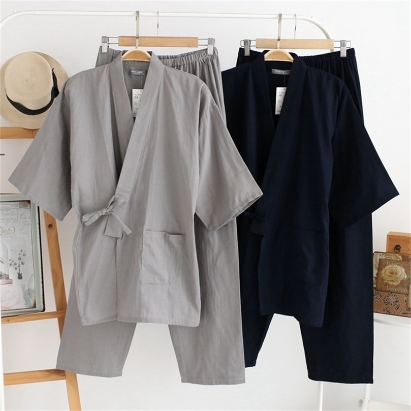 Men's Sleepwear QWEEK Mens Pajamas Sets Cotton Kimono Pijama Hombre Pyjama Homme Soft Home Wear 2 Pieces Sleepwear Japanese Style 220924