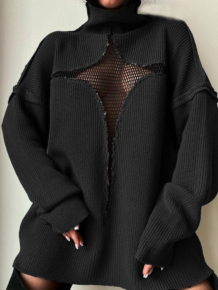 Womens Sweaters Y2K Sweater Women Autumn Winter Oversized Loose Knitted Pullovers Hollow Out Patchwork Mesh Turtleneck Jumper Female Streetwear 220923