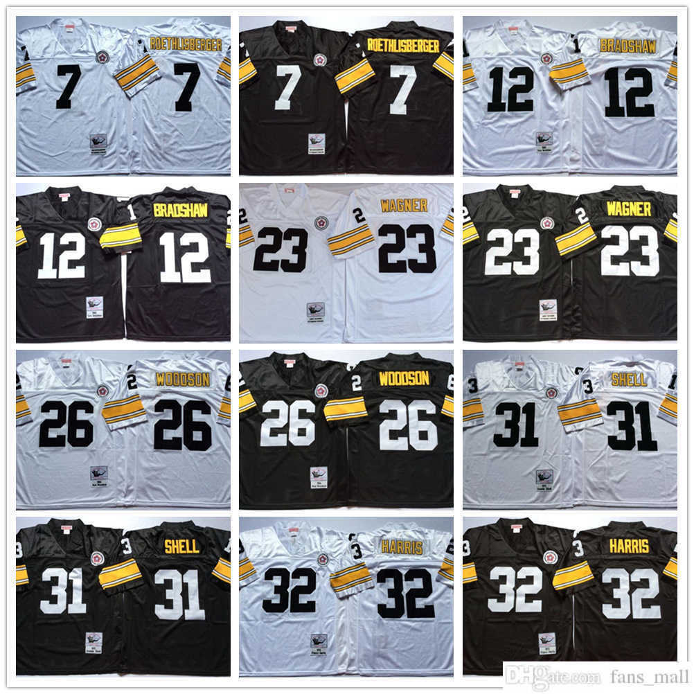 Throwback Vintage Football 26 Rod Woodson Jerseys Stitched 7 Ben Roethlisberger 12 Terry Bradshaw 23 Mike Wagner 32 Franco Harris 31 Donnie Shell Jersey