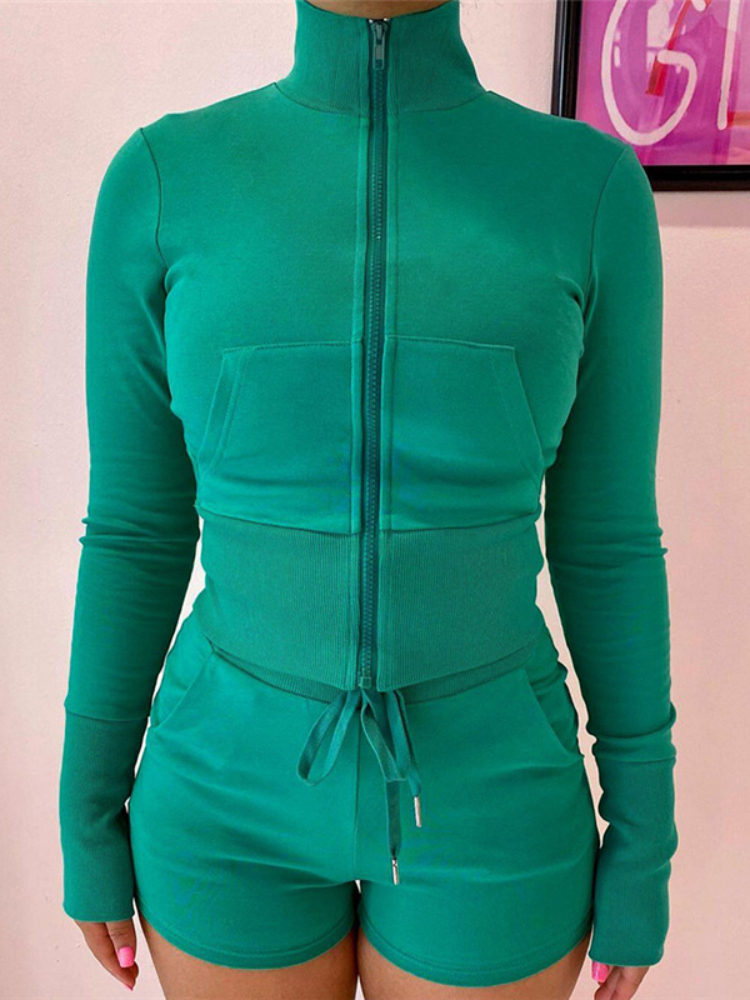 Women's Two Piece Pants WeiYao Sporty Casual Set Women Solid Zipper Shaped Waist Jackets Drawstring Elastic Athleisure Shorts Lady Tracksuits 220
