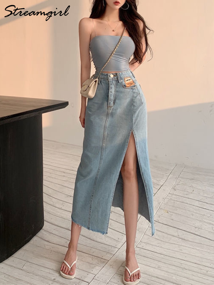 Skirts Streamgirl Maxi Jeans Skirt Women Denim Long Skirts Summer Vintage Maxi Skirt Side Split Denim Skirt Women Long Korean 220924
