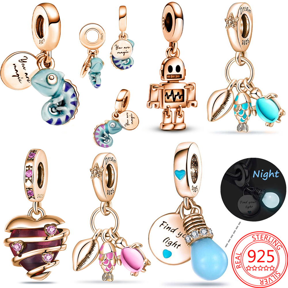 New Popular S925 Sterling Silver Original Rose Gold Chameleon Charm Bulb Fish Turtle Shell Pendant for Bracelets and Necklaces DIY Bracelet Charm