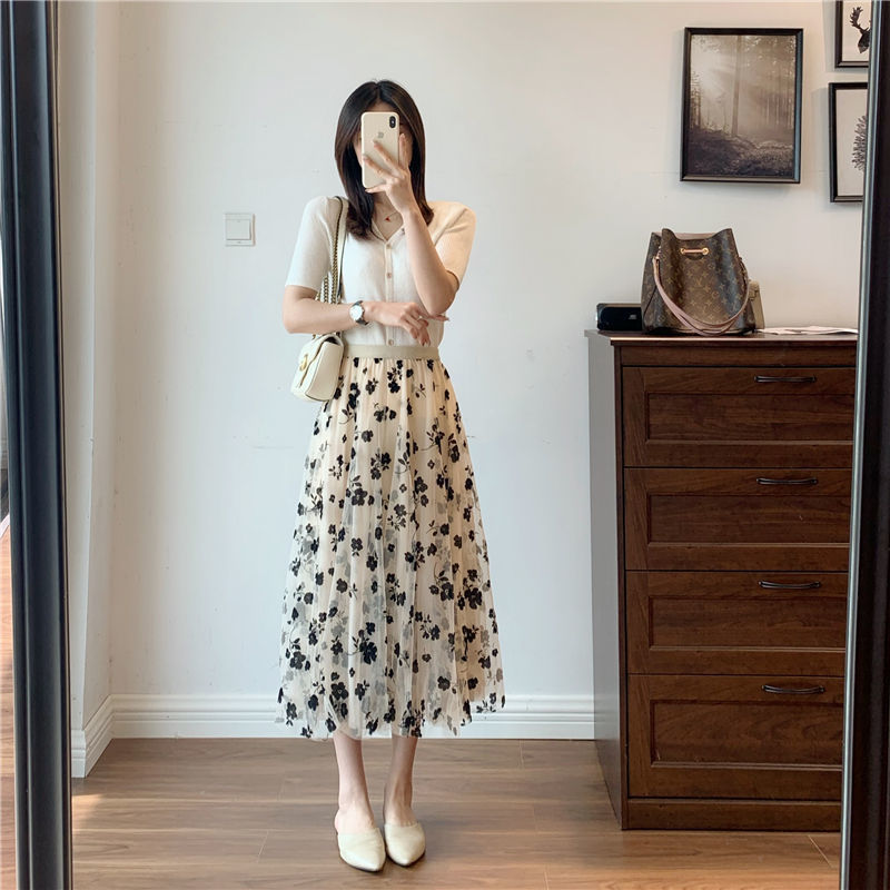 Skirts Elegant Vintage Lace Jacquard Gauze Women's Skirt Spring Summer Office Lady Midi Skirts Elastic Highwaisted Skirt 220924