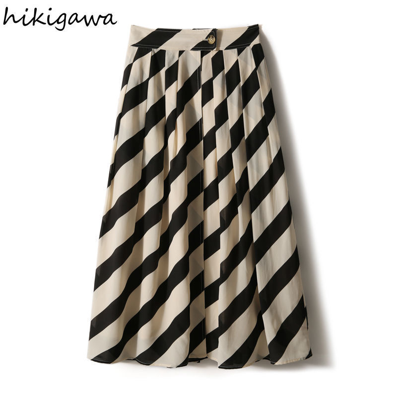 Skirts Faldas De Mujer Vintage Striped Skirts Women High Waist Slim Vintage Aline Pleated Skirt Big Swing Korean Elegant Jupe 220924