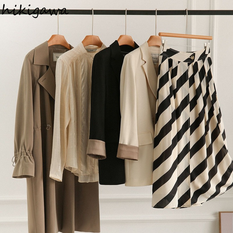 Skirts Faldas De Mujer Vintage Striped Skirts Women High Waist Slim Vintage Aline Pleated Skirt Big Swing Korean Elegant Jupe 220924