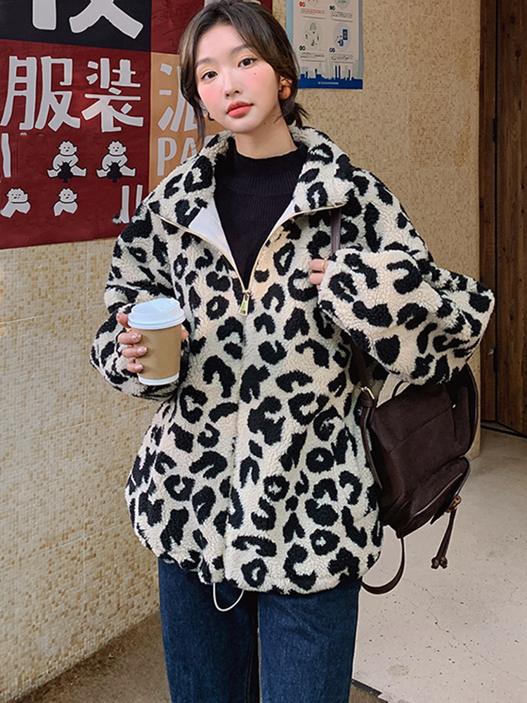 Womens Fur Faux Fur LANMREM Leopard Print Lamb Wool Coats Womens Long Sleeves Loose Zipper Fashion Coat Autumn Winter Warm Clothing 2R7696 220927