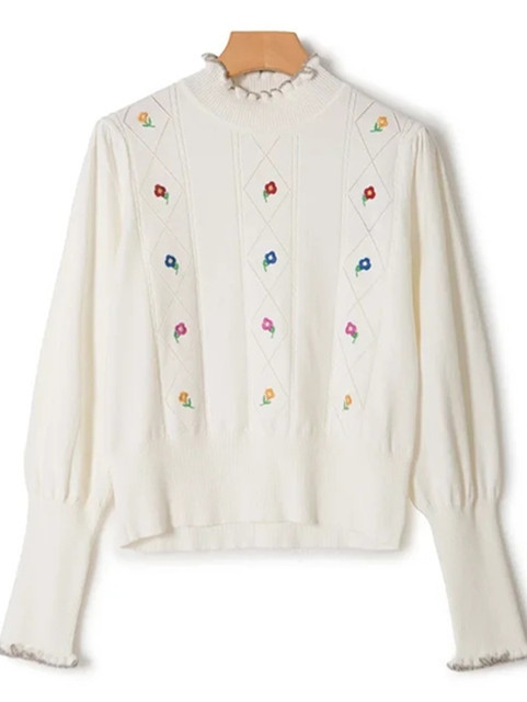 Womens Sweaters Womens Flower Jacquard Knit Sweater Ladies Wool Blend Long Sleeve ONeck Knit 2 Colors Pullover Top Autumn and Winter 220923