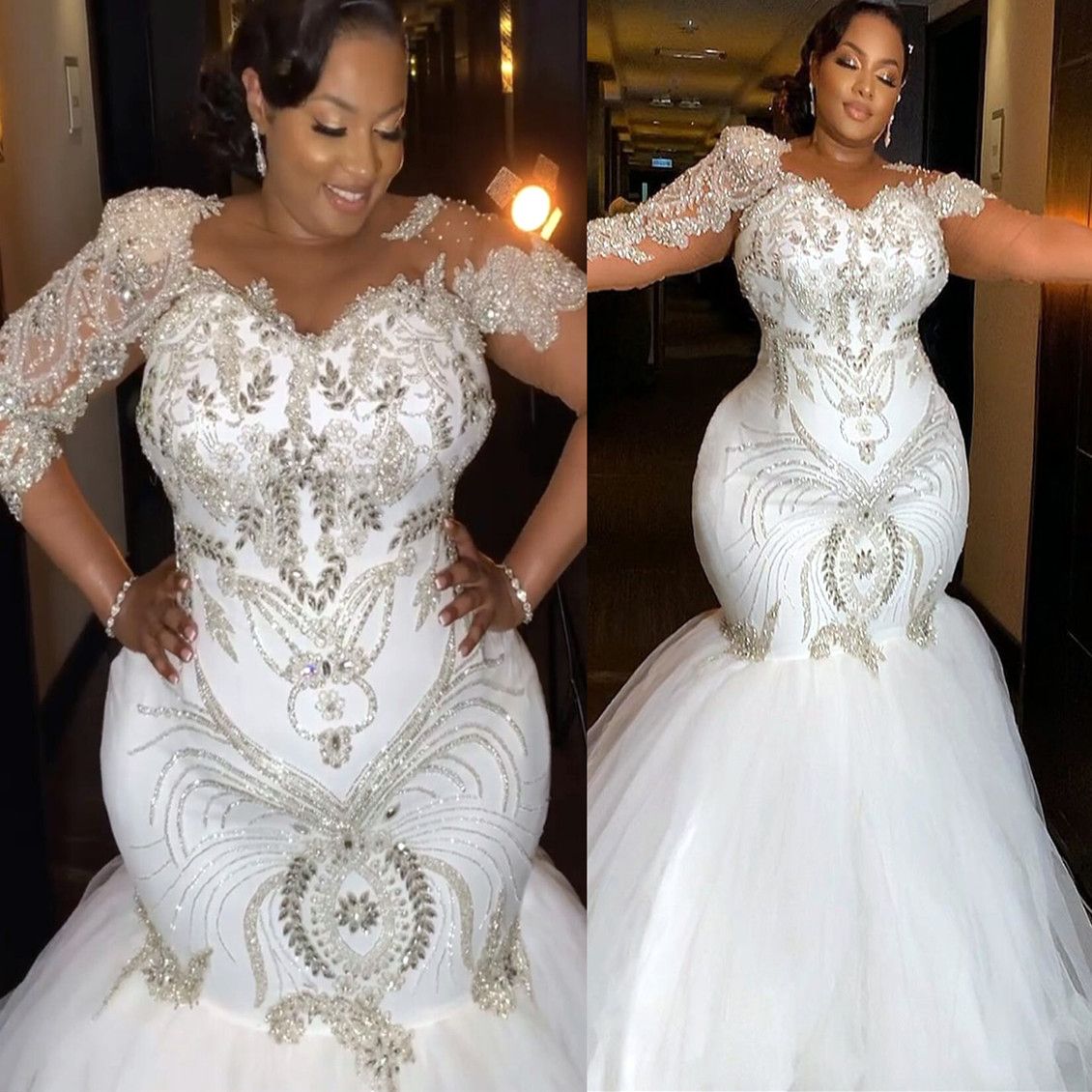 Plus Size Mermaid Wedding Dresses Bridal Gown Long Sleeves Crystals Beaded Jewel Neck Custom Made Beach Country Vestido De Novia