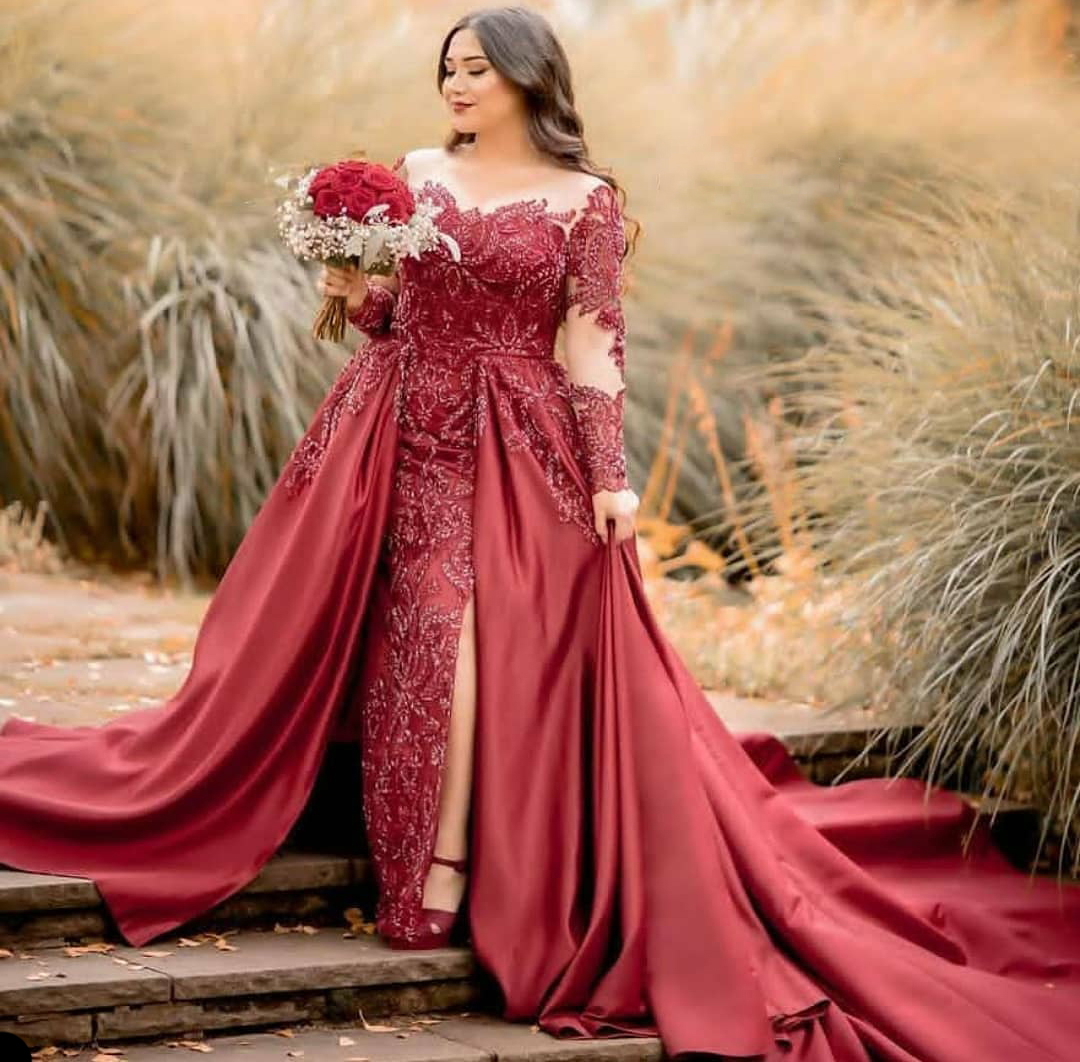 Red Beads Mermaid Evening Dresses Long Sleeve Appliqued Prom Gowns Vintage Detachable Train Formal Pageant Dress
