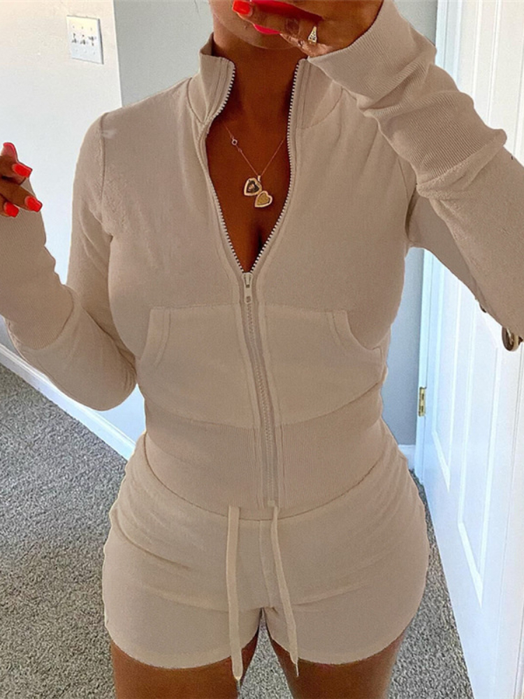 Women's Two Piece Pants WeiYao Sporty Casual Set Women Solid Zipper Shaped Waist Jackets Drawstring Elastic Athleisure Shorts Lady Tracksuits 220
