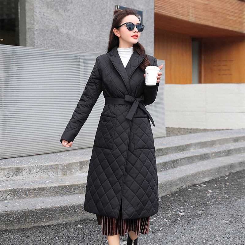 Women's Down Parkas Woman Jacket Parkas Belted space cotton diamond plaid Coat down Women's over the Knee Winter Clothing Coat 220926