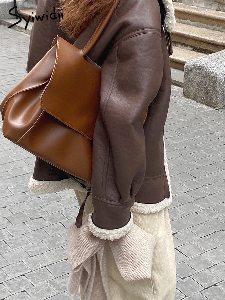 Women's Fur Faux Syiwidii Coat Winter Jacket Lambswool Sheepskin Loose Warm Thicken Locomotive Female Black Chic Pu Outwear 220927