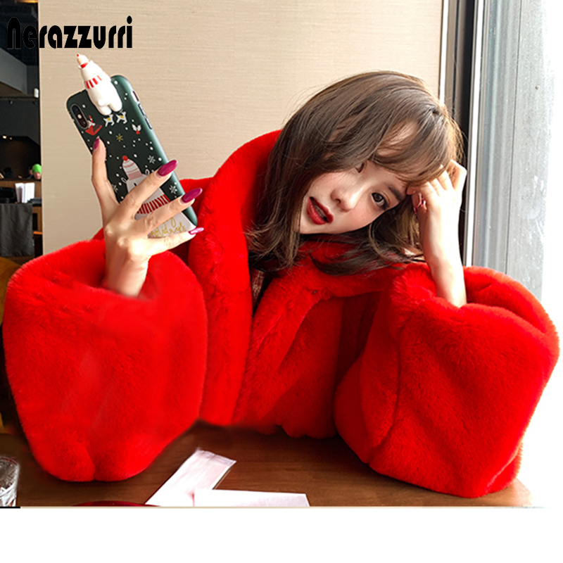 Women's Fur Faux Nerazzurri Oversized Red Thick Warm Soft Fluffy Coat Women Raglan Seeve Stylish Long Coats for Winter 220927