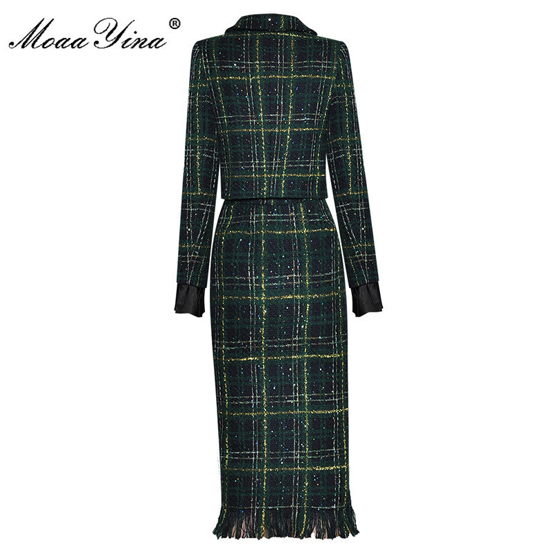 Casual Dresses MoaaYina Fashion Winter Plaid Tweed Skirts Suit Women's Bow Beading Long Sleeve Jacket Tassel Skirt 2 Pieces Set 220923
