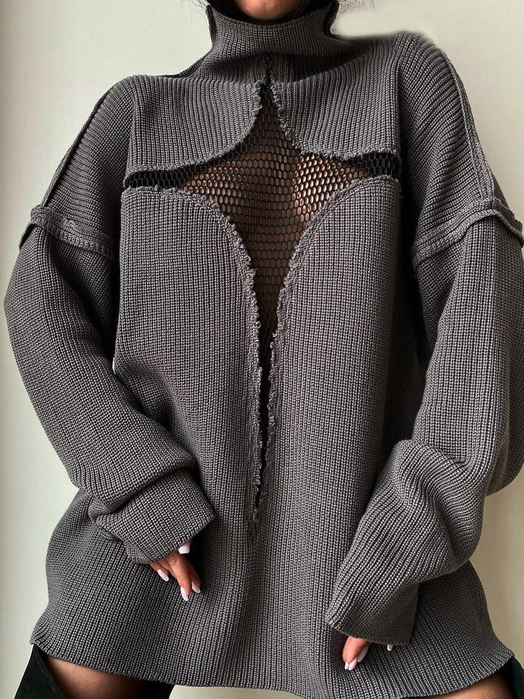 Womens Sweaters Y2K Sweater Women Autumn Winter Oversized Loose Knitted Pullovers Hollow Out Patchwork Mesh Turtleneck Jumper Female Streetwear 220923