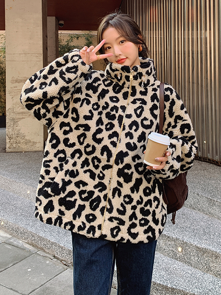 Womens Fur Faux Fur LANMREM Leopard Print Lamb Wool Coats Womens Long Sleeves Loose Zipper Fashion Coat Autumn Winter Warm Clothing 2R7696 220927