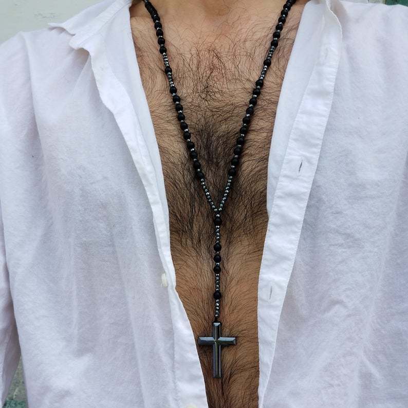 Pendant Necklaces Natural Stone Frosted Black Onyx Catholic Christ Rosary With Hematite Cross Men Necklace Meditation Jewelry 220924