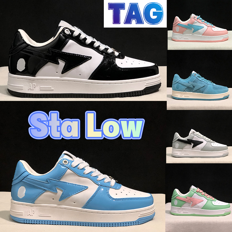 

Bapestas Sta Low Running Shoes Bathing Apes Nigo Patent Leather Black white triple white Pastel pink Grey Color Camo Combo blue suede heel beige men women sneakers GAI, No.26- shoes box