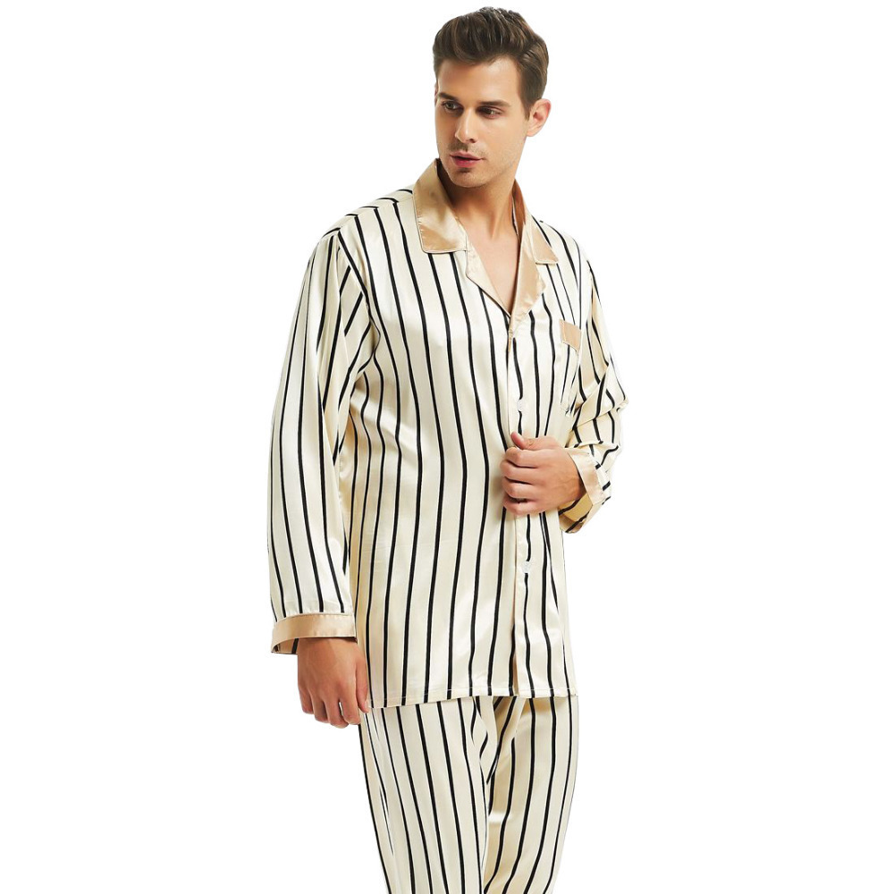 Men's Sleepwear Mens Silk Satin Pajamas Set Pyjamas Set PJS Sleepwear Loungewear S 4XL Striped 220924
