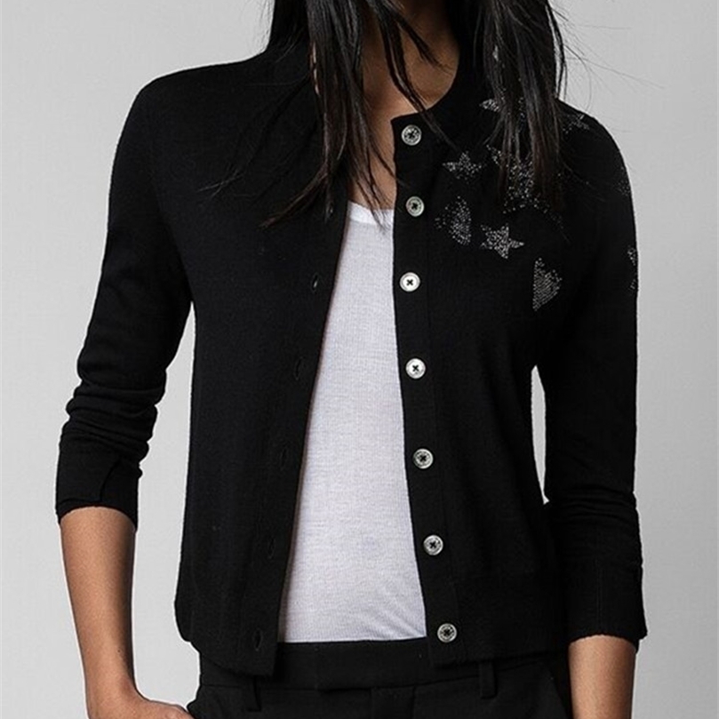 Womens Knits Tees Women Slim Long Sleeve Sweater Single Breasted Thin Stars Rhinestones Oneck Ladies Knitted Cardigan Top 2 Colors 220923