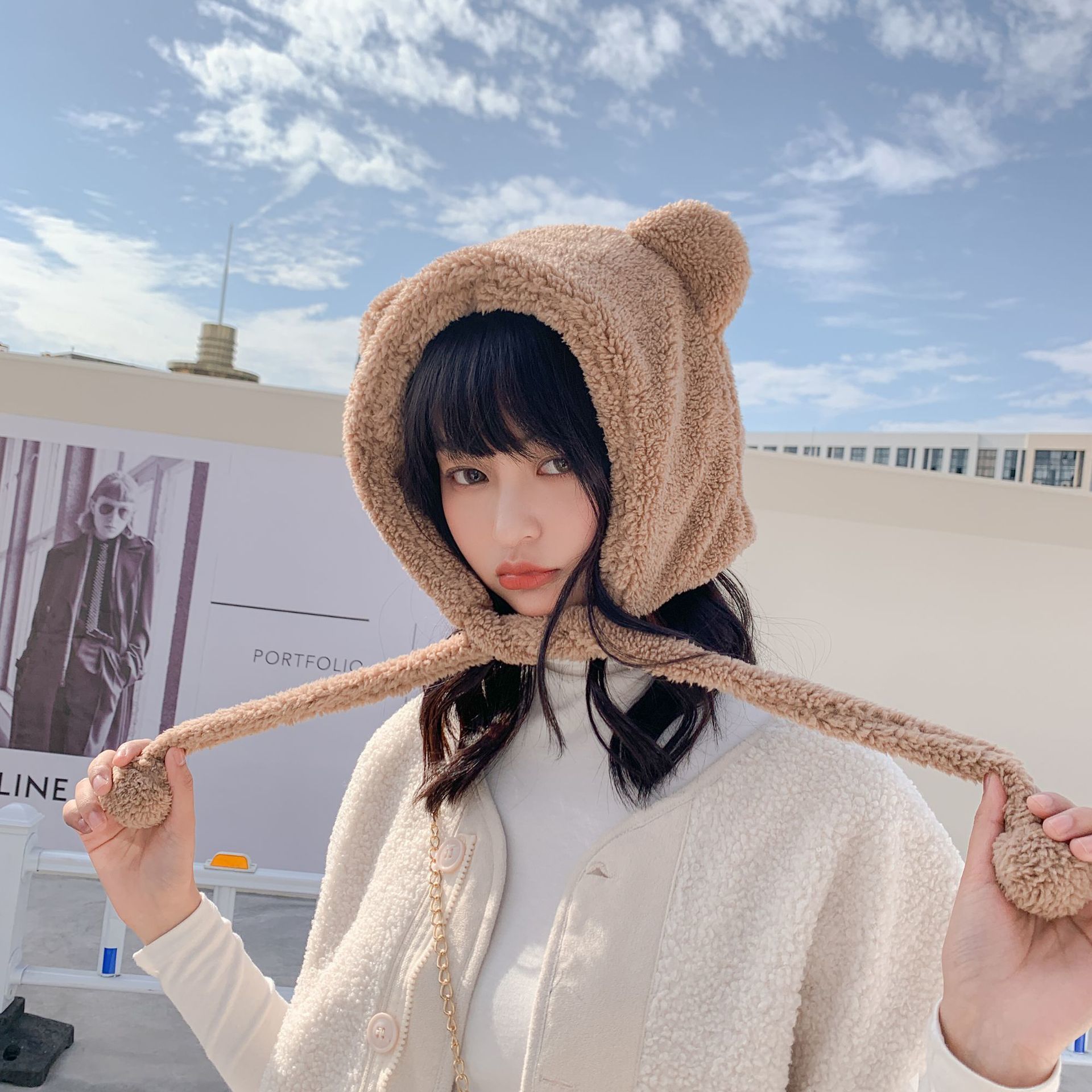 BeanieSkull Caps Wide Brim Hats Bucket Hats Winter Cute Bear Ears Warm Hat Women Beanies Windproof Cap Student Women Add Wool Cap Female Hat Present G