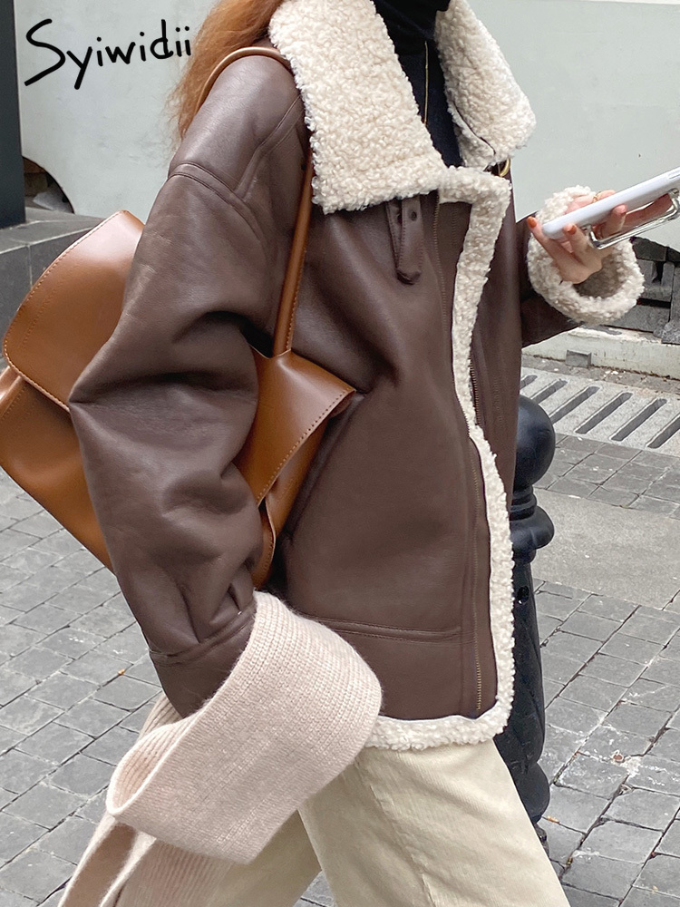 Women's Fur Faux Syiwidii Coat Winter Jacket Lambswool Sheepskin Loose Warm Thicken Locomotive Female Black Chic Pu Outwear 220927