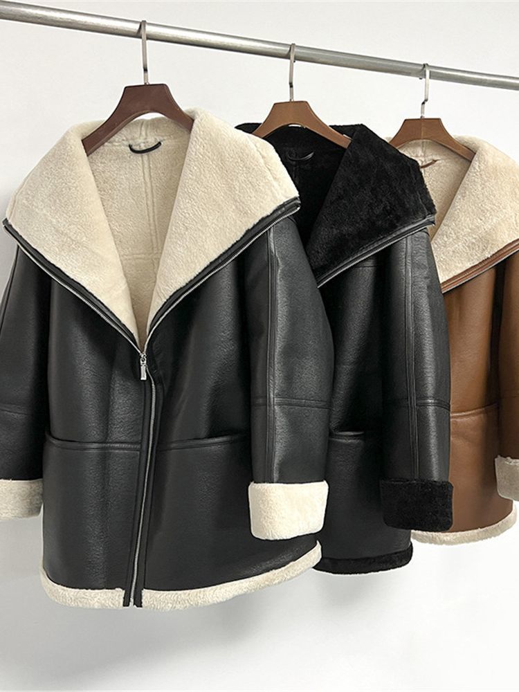 Women's Fur Faux Fur Winter Women Warm Zipper Coat Long Sleeve Faux Fur Leather Ladies Fashion Jacket Female Outwear Tops With Pockets 220927