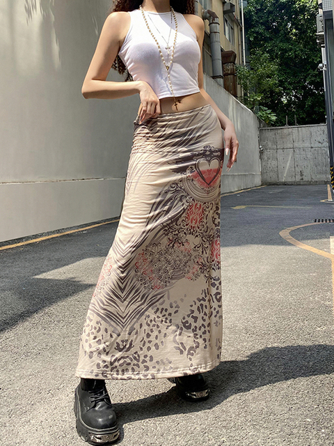 Skirts HEYounGIRL Harajuku Mall Goth Vintage A Line Midi Skirts Women Casual Print High Waist Skirt Ladies Khaki Summer Streetwear 220924