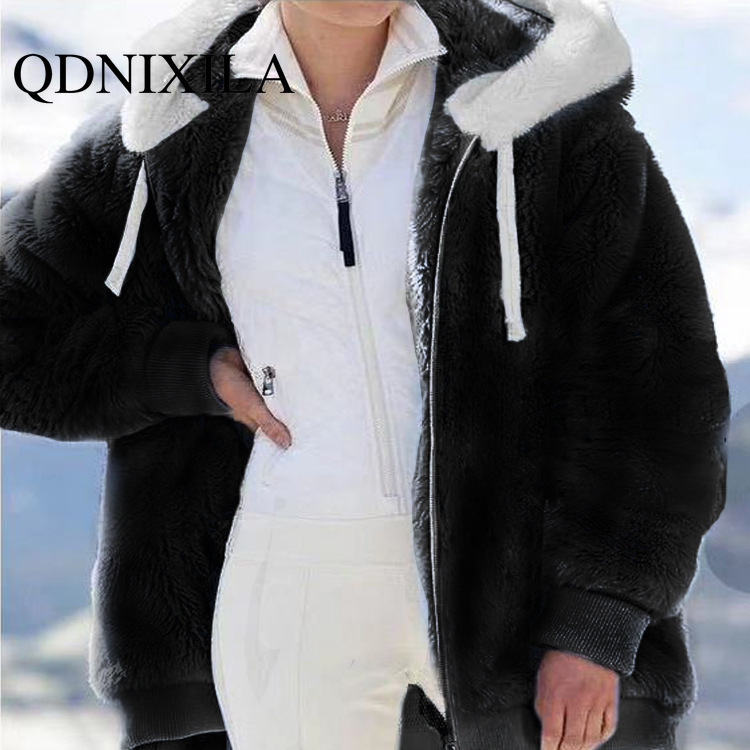 Women's Fur Faux Spring and Autumn Loose Plush Zipper Hooded Jacket Coats Jackets Pink Coat Winter Women 220927