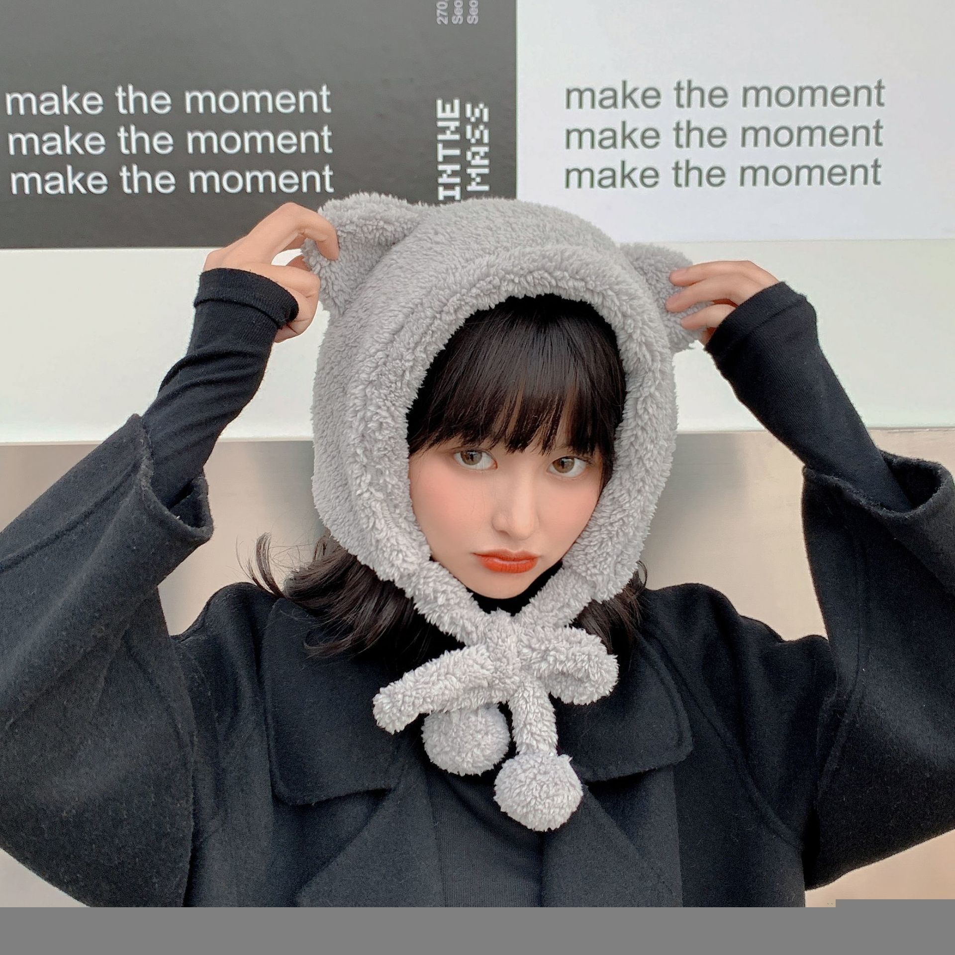 BeanieSkull Caps Wide Brim Hats Bucket Hats Winter Cute Bear Ears Warm Hat Women Beanies Windproof Cap Student Women Add Wool Cap Female Hat Present G