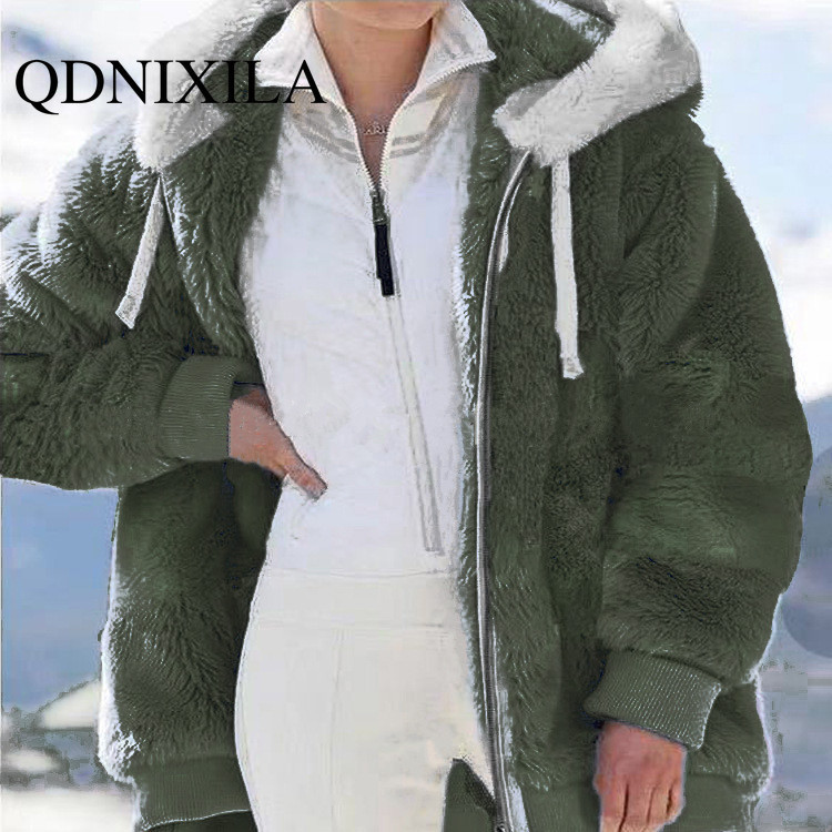 Women's Fur Faux Spring and Autumn Loose Plush Zipper Hooded Jacket Coats Jackets Pink Coat Winter Women 220927