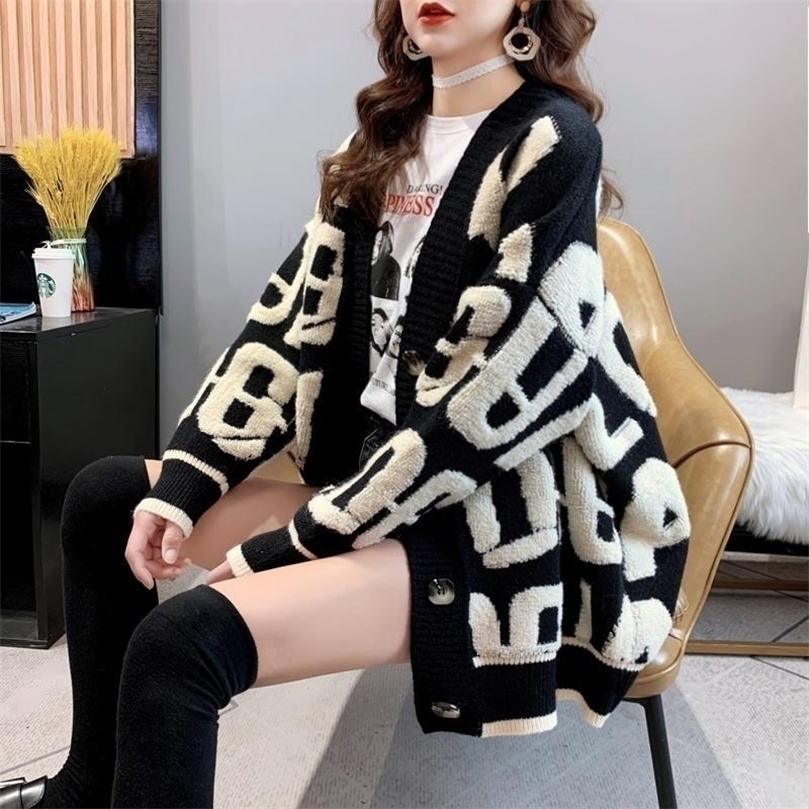 Womens Knits Tees Letter Embroidery Sweater Women Cardigans High Street Contrast Flocking Oversized Sweater Loose Knitted Cardigan Women Sweaters 2209