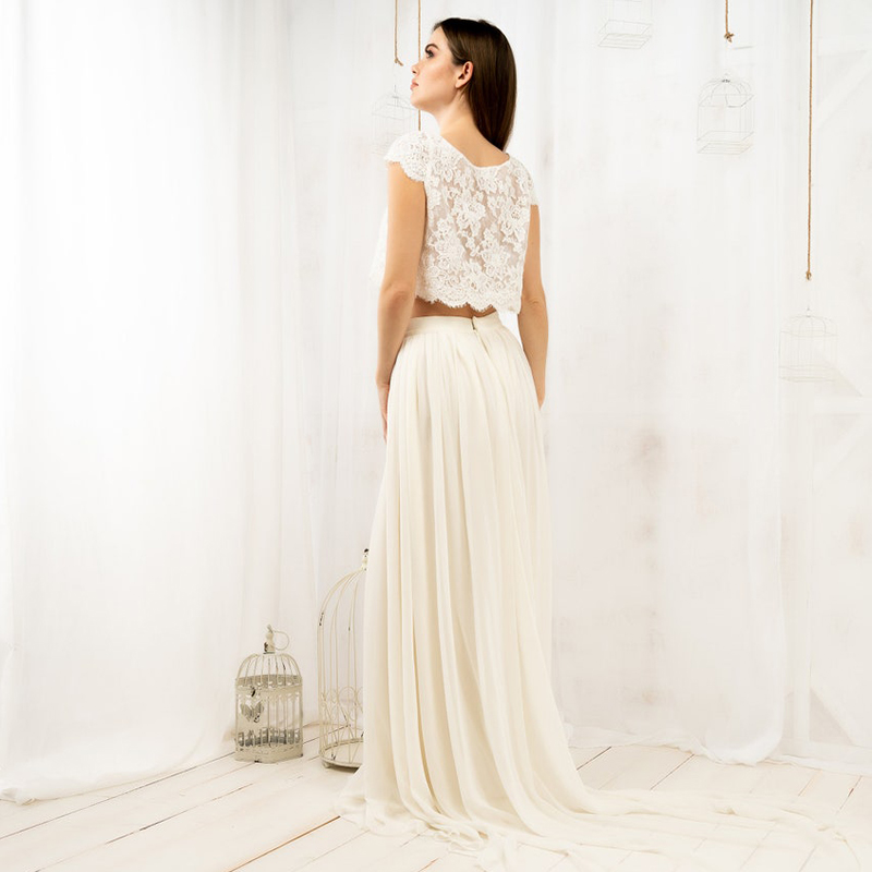 Chic Two Piece Boho Wedding Dress 2022 Top Lace Crop Beach Bridal Dresses Floor Length Chiffon Vestios De Novia Bohemian Robe De Mariee Sexy Women Bri