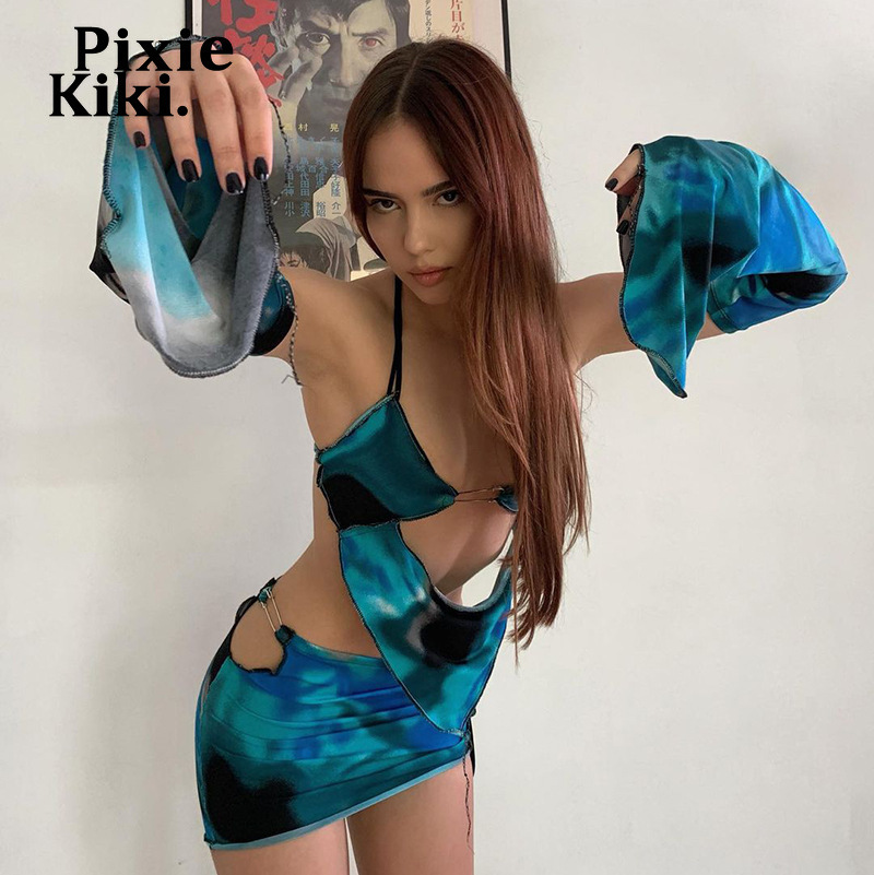 Two Piece Dress PixieKiki Sexy Two Piece Set Open Back Halter Crop Top Mini Skirts Womens Club Wear Rave Outfit Festival Clothing P85-BE17 220924