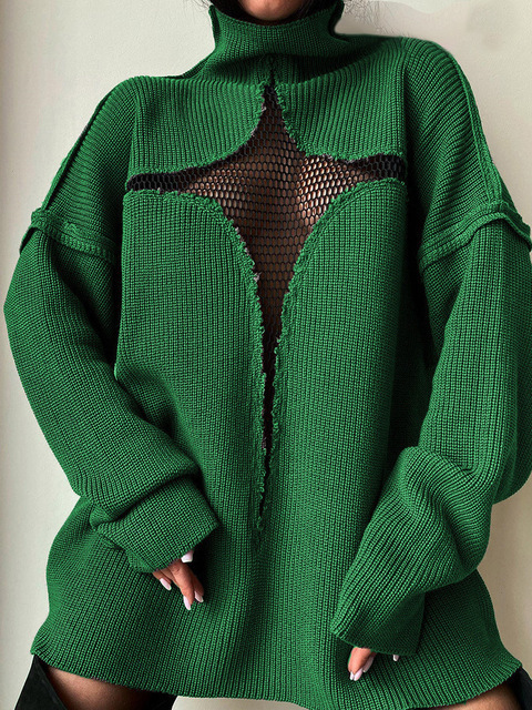 Womens Sweaters Y2K Sweater Women Autumn Winter Oversized Loose Knitted Pullovers Hollow Out Patchwork Mesh Turtleneck Jumper Female Streetwear 220923