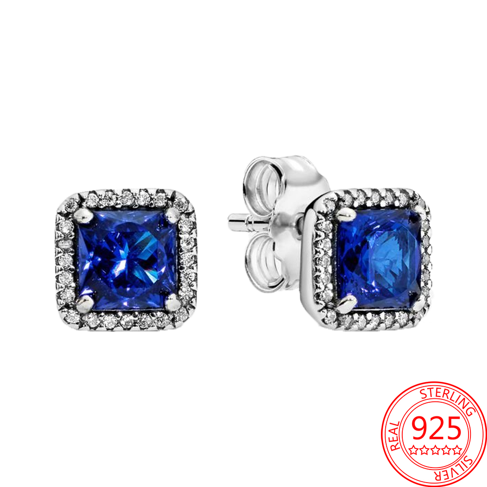 The New Fashion 925 Sterling Silver Blue Zircon Earrings Square Aura Classic Female Delicate Jewelry Accessories