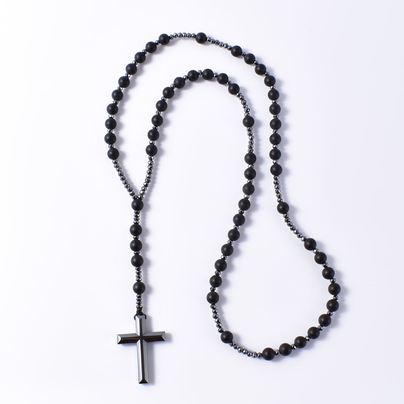 Pendant Necklaces Natural Stone Frosted Black Onyx Catholic Christ Rosary With Hematite Cross Men Necklace Meditation Jewelry 220924