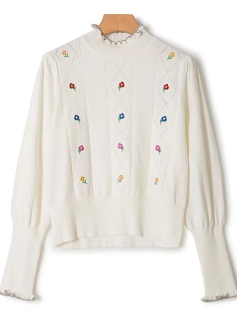 Womens Sweaters Womens Flower Jacquard Knit Sweater Ladies Wool Blend Long Sleeve ONeck Knit 2 Colors Pullover Top Autumn and Winter 220923