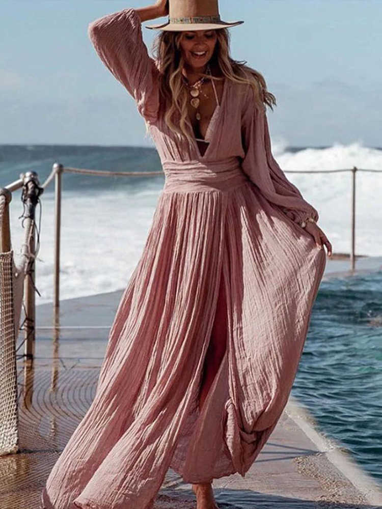 Casual Dresses Elegant Loose Cotton Linen Long Dress Deep V-Neck Lantern Sleeve Split Midi Dress 2022 Casual Vacation Beach Slit Lady Vestidos T220905